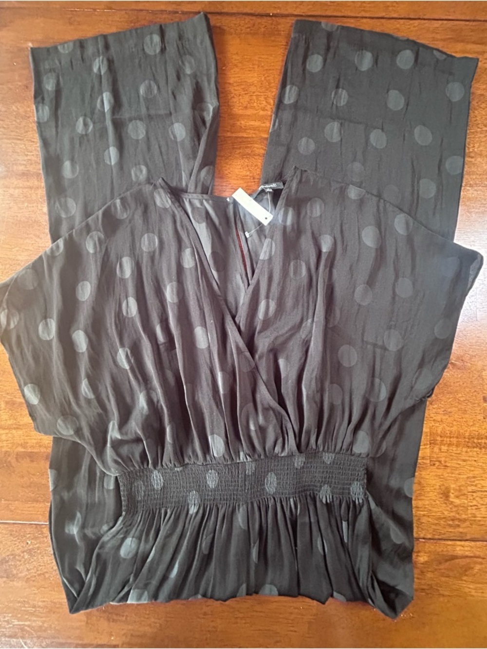 NWT Madewell Women’s Wrap Front Smock Waist Jumpsuit in Dot Jacquard Black Med - Picture 2 of 9